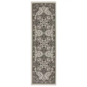 8' Ivory And Gray Medallion Runner Rug With Fringe