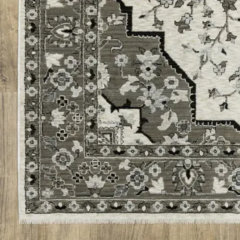 8' Ivory And Gray Medallion Runner Rug With Fringe