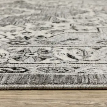 8' Gray And Ivory Medallion Runner Rug With Fringe