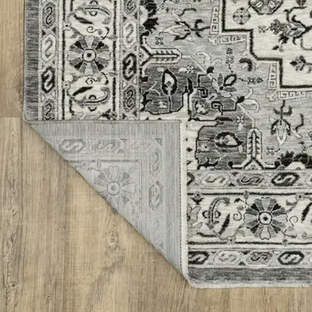 8' Gray And Ivory Medallion Runner Rug With Fringe