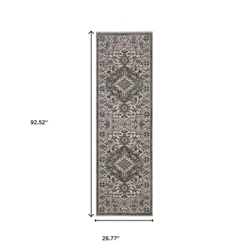 8' Gray And Ivory Medallion Runner Rug With Fringe