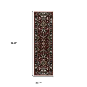 8' Red Tan And Black Oriental Runner Rug With Fringe