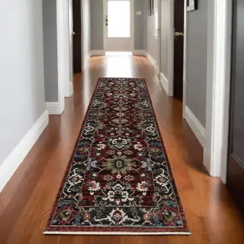 8' Red Tan And Black Oriental Runner Rug With Fringe