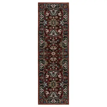 8' Red Tan And Black Oriental Runner Rug With Fringe