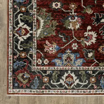 8' Red Tan And Black Oriental Runner Rug With Fringe