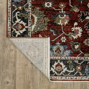 8' Red Tan And Black Oriental Runner Rug With Fringe