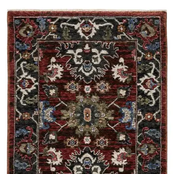 8' Red Tan And Black Oriental Runner Rug With Fringe