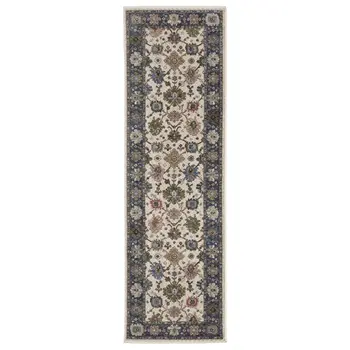 8' Blue And Ivory Floral Runner Rug With Fringe