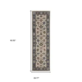 8' Blue And Ivory Floral Runner Rug With Fringe