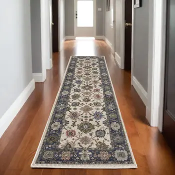 8' Blue And Ivory Floral Runner Rug With Fringe