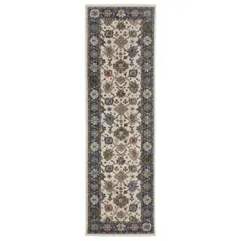 8' Blue And Ivory Floral Runner Rug With Fringe