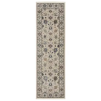 8' Ivory Tan And Blue Floral Runner Rug With Fringe