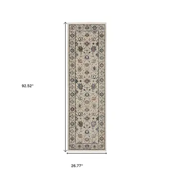 8' Ivory Tan And Blue Floral Runner Rug With Fringe