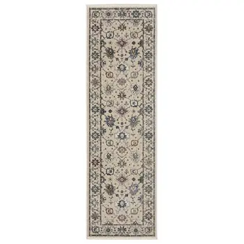8' Ivory Tan And Blue Floral Runner Rug With Fringe