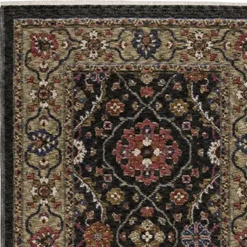 8' Charcoal And Pink Oriental Runner Rug With Fringe