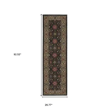 8' Charcoal And Pink Oriental Runner Rug With Fringe