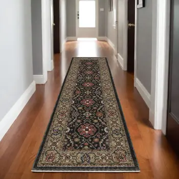 8' Charcoal And Pink Oriental Runner Rug With Fringe