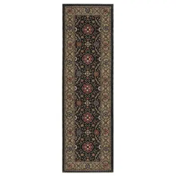 8' Charcoal And Pink Oriental Runner Rug With Fringe