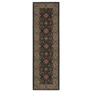 8' Charcoal And Pink Oriental Runner Rug With Fringe