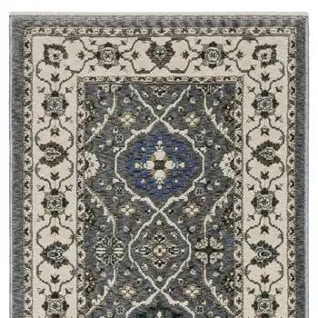 8' Blue And Gray Oriental Runner Rug With Fringe