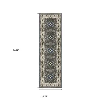 8' Blue And Gray Oriental Runner Rug With Fringe