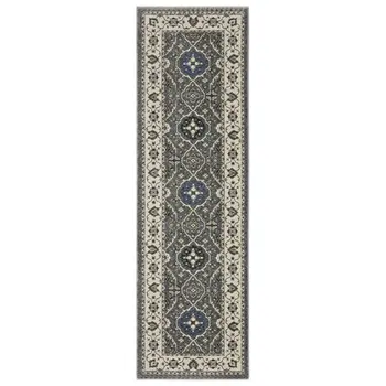 8' Blue And Gray Oriental Runner Rug With Fringe