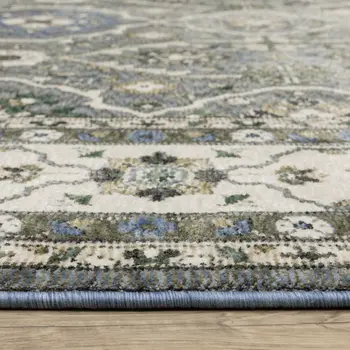8' Blue And Gray Oriental Runner Rug With Fringe