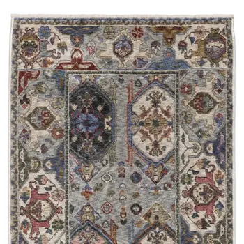 8' Blue And Gray Oriental Runner Rug With Fringe