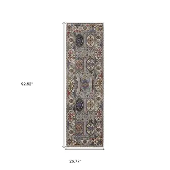 8' Blue And Gray Oriental Runner Rug With Fringe