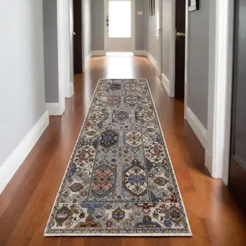 8' Blue And Gray Oriental Runner Rug With Fringe