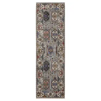 8' Blue And Gray Oriental Runner Rug With Fringe