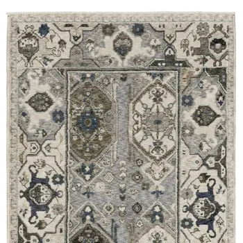 8' Ivory And Blue Oriental Runner Rug With Fringe