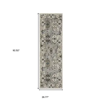 8' Ivory And Blue Oriental Runner Rug With Fringe