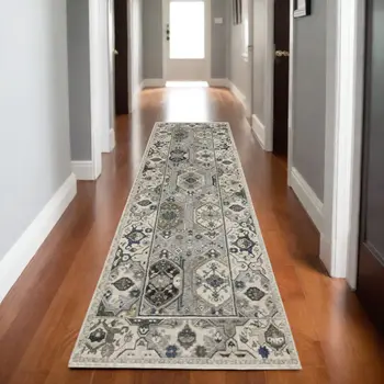 8' Ivory And Blue Oriental Runner Rug With Fringe