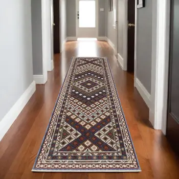8' Blue Red And Ivory Diamond Runner Rug With Fringe