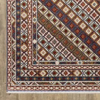 8' Blue Red And Ivory Diamond Runner Rug With Fringe