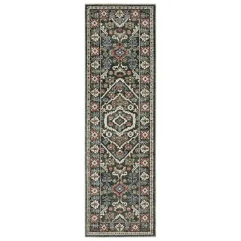 8' Green And Pink Floral Runner Rug With Fringe