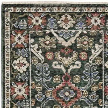 8' Green And Pink Floral Runner Rug With Fringe