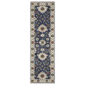 8' Blue And Ivory Floral Runner Rug With Fringe