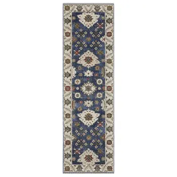 8' Blue And Ivory Floral Runner Rug With Fringe