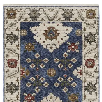 8' Blue And Ivory Floral Runner Rug With Fringe