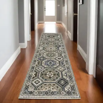 8' Ivory And Blue Medallion Runner Rug With Fringe