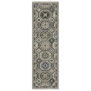 8' Ivory And Blue Medallion Runner Rug With Fringe