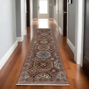 8' Pink And Red Medallion Runner Rug With Fringe