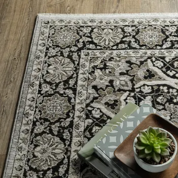 8' Gray And Black Medallion Runner Rug With Fringe