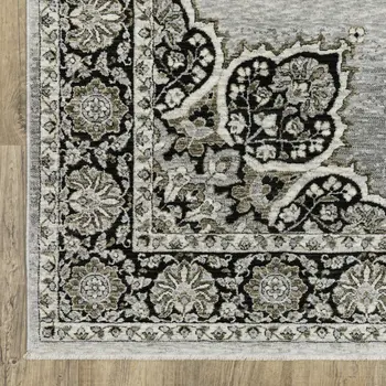 8' Gray And Black Medallion Runner Rug With Fringe