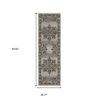 8' Gray And Black Medallion Runner Rug With Fringe