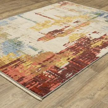 5' X 8' Beige Yellow And Salmon Abstract Area Rug With Fringe