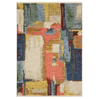 5' X 8' Beige Yellow And Salmon Abstract Area Rug With Fringe