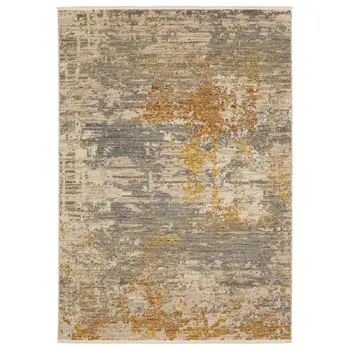 5' X 8' Beige And Gold Abstract Area Rug With Fringe